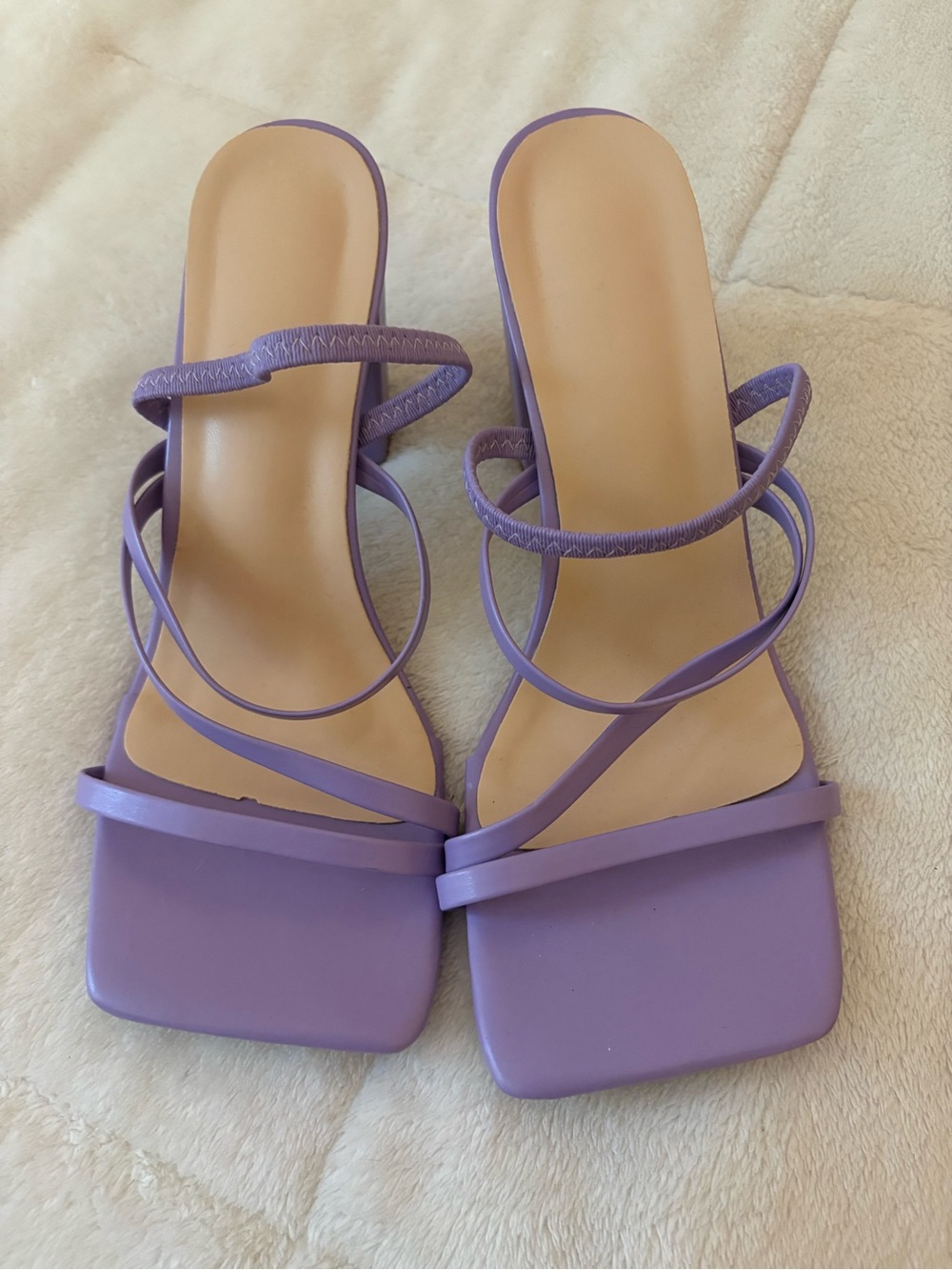 Lavender Strappy Square-Toe Slide Heels